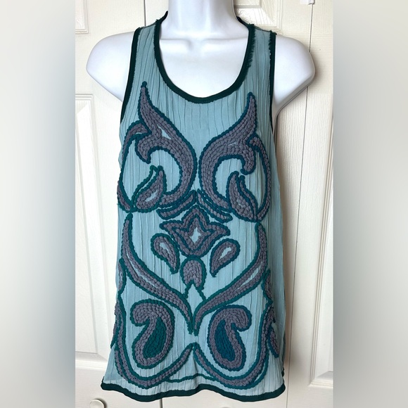 Anthro DOLAN Acadia Embroidered Tank Top Scroll Paisley Teal Blue Green Textured - Picture 2 of 11